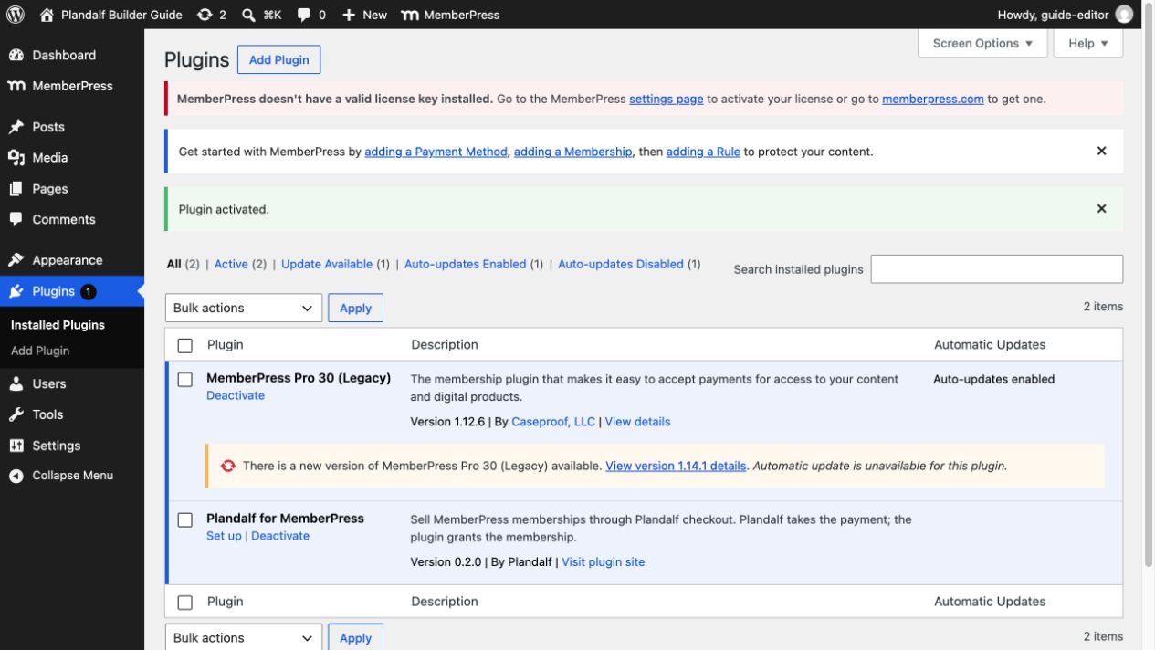 WordPress plugins screen with Plandalf for MemberPress active