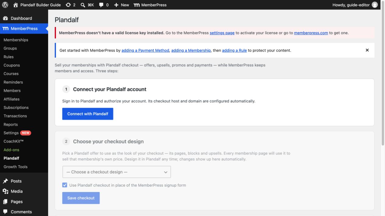 Plandalf for MemberPress setup page before account connection