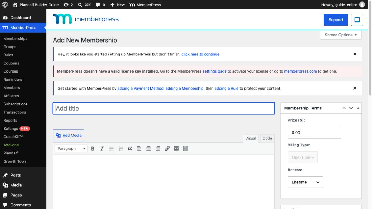 New MemberPress membership editor with empty title and zero price