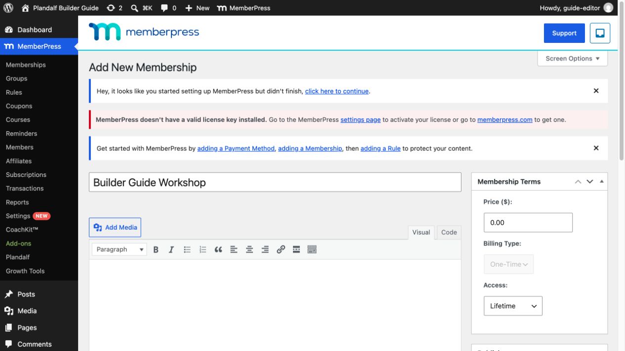 MemberPress membership titled Builder Guide Workshop