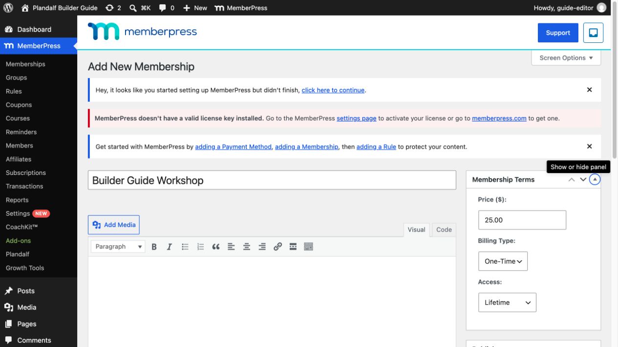 MemberPress Membership Terms set to 25 dollars, One-Time and Lifetime