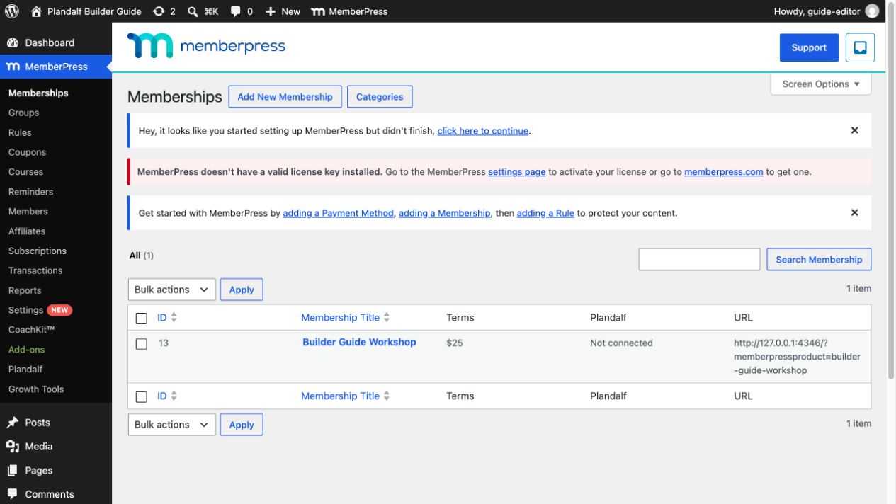 Saved Builder Guide Workshop membership listed at 25 dollars and not connected