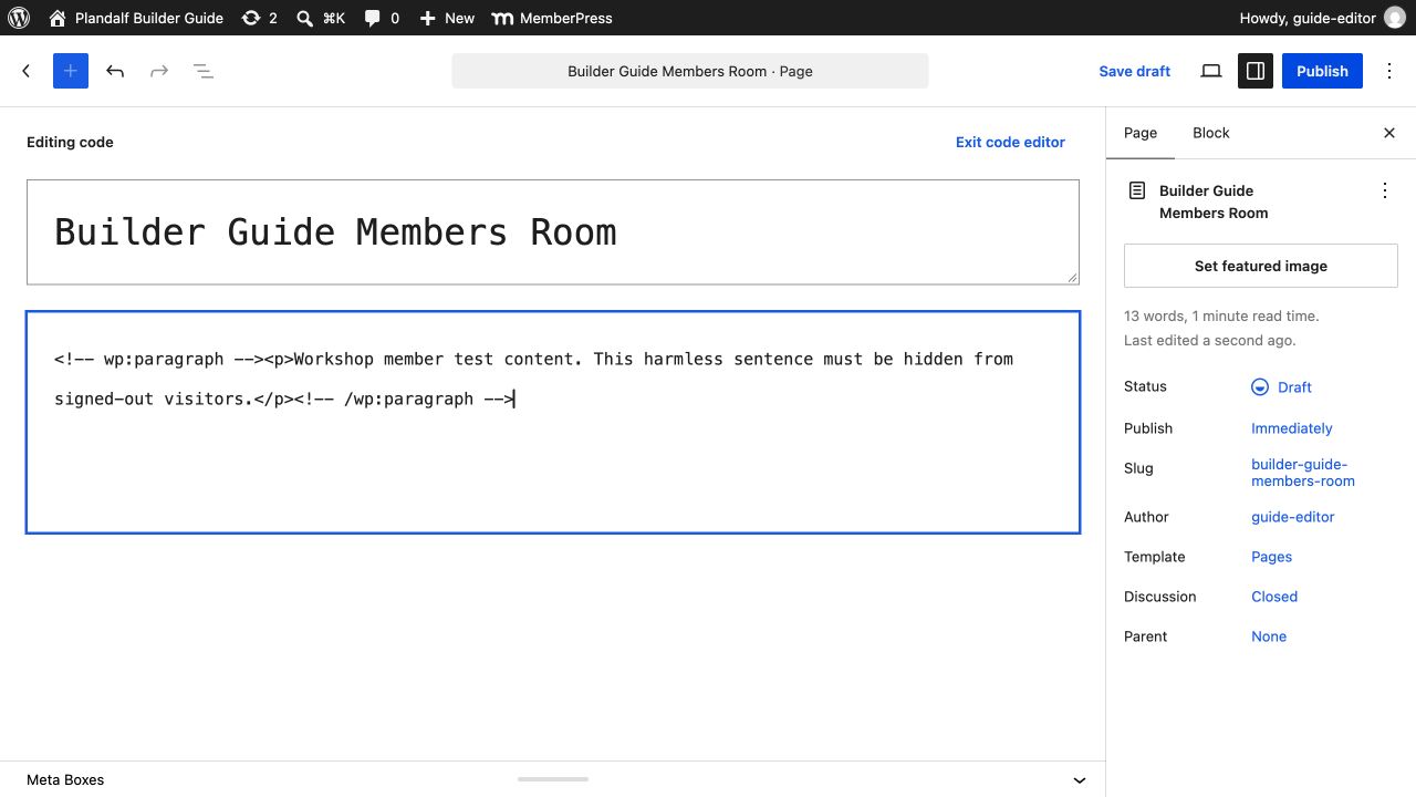 WordPress editor with a harmless test members-room page