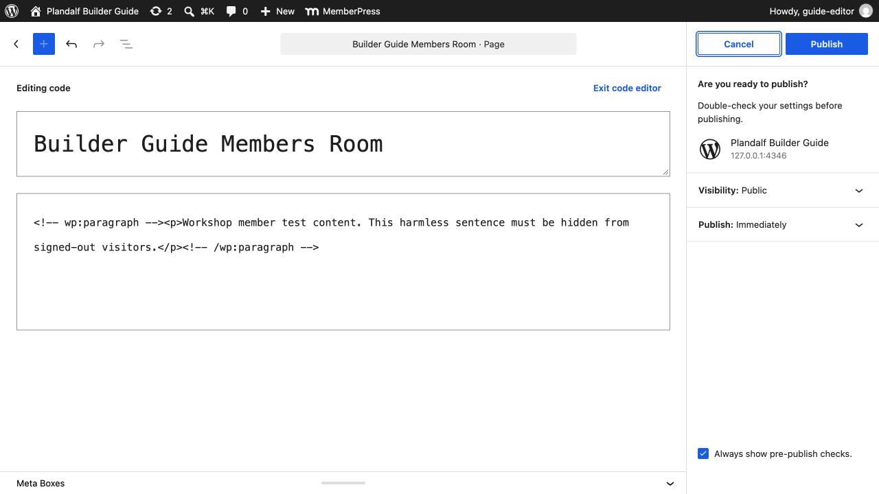 WordPress publication review for the local members-room page