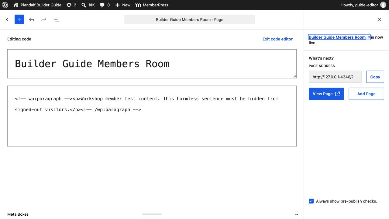 WordPress confirms the members-room page is live locally