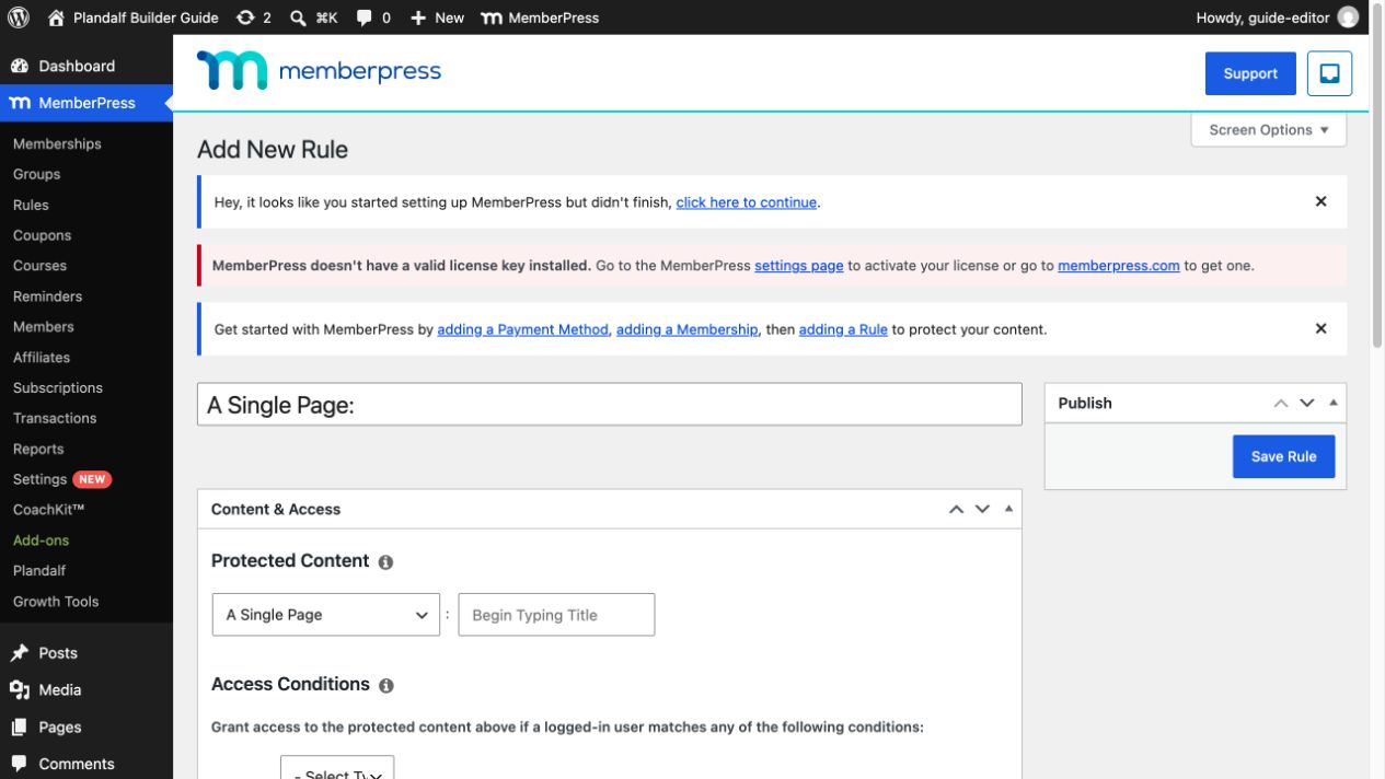 MemberPress rule scoped to A Single Page