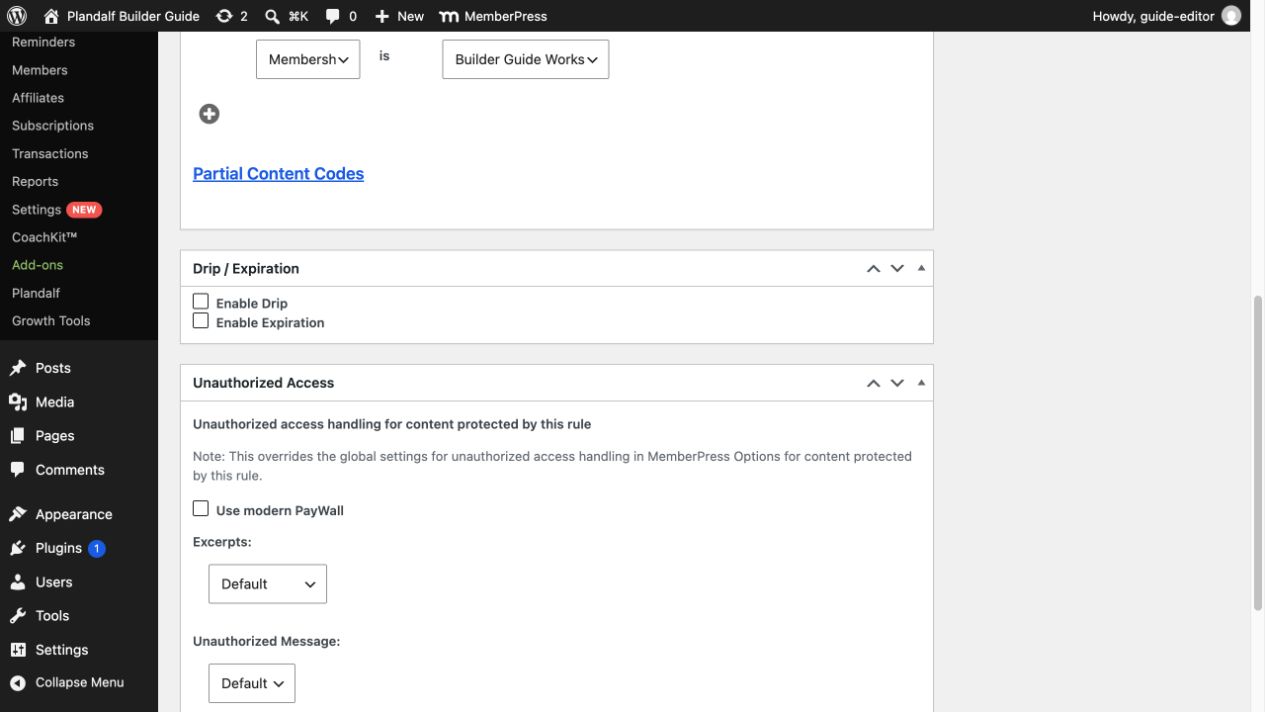 MemberPress access condition set to the Builder Guide Workshop membership