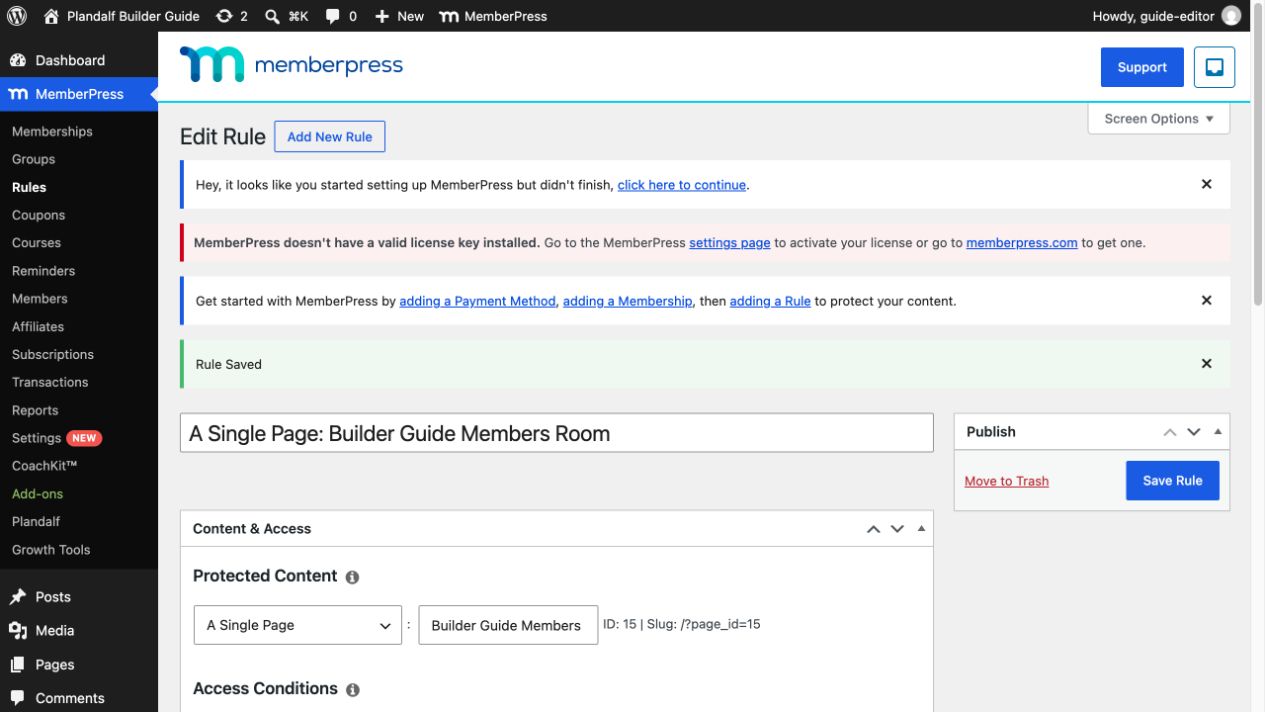 MemberPress confirms the single-page rule was saved