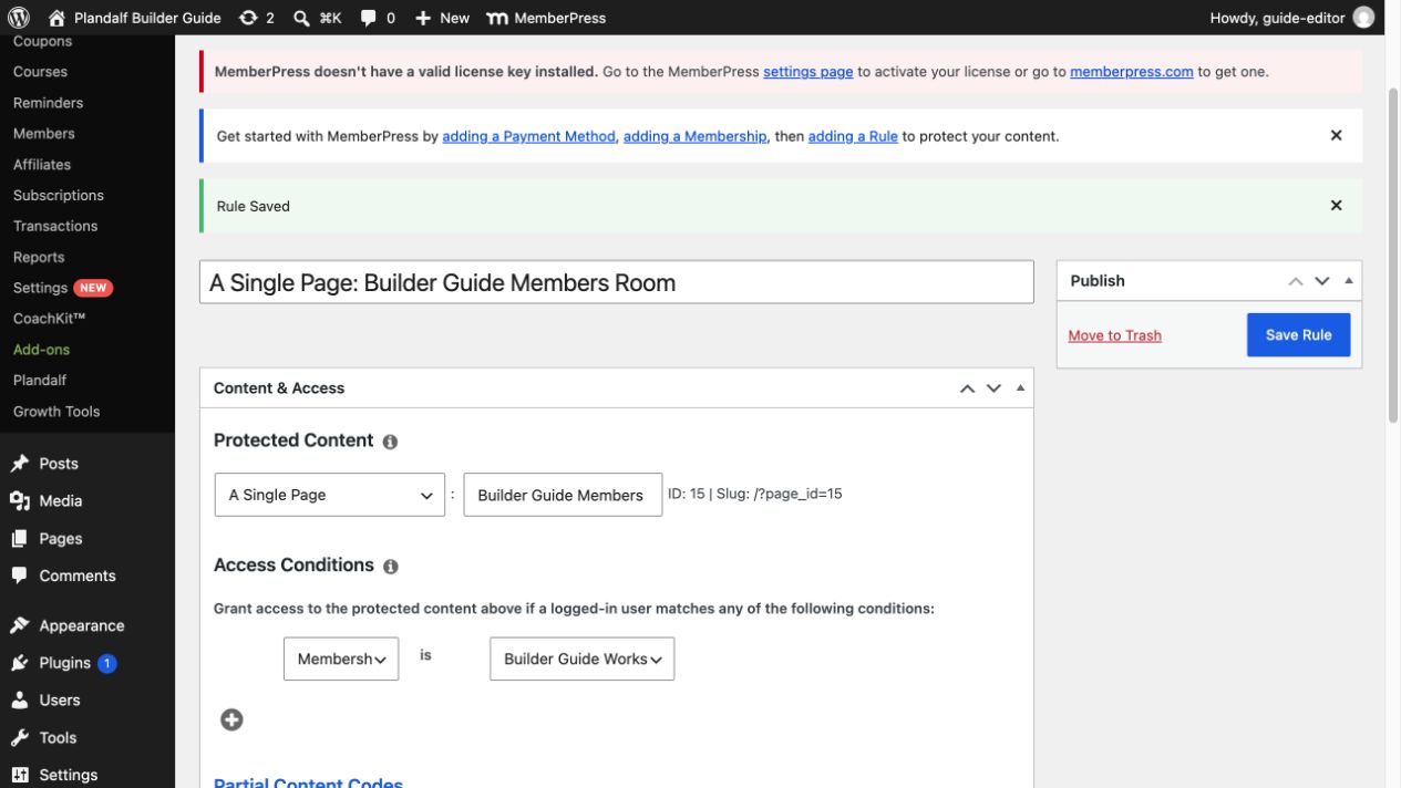 Saved MemberPress rule restricting one page to Builder Guide Workshop