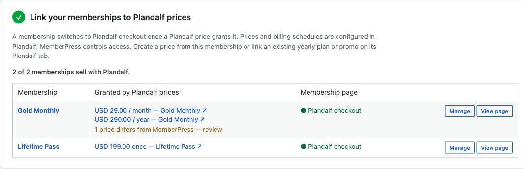 Real WordPress plugin settings mapping monthly, yearly and one-off Plandalf prices to MemberPress memberships.