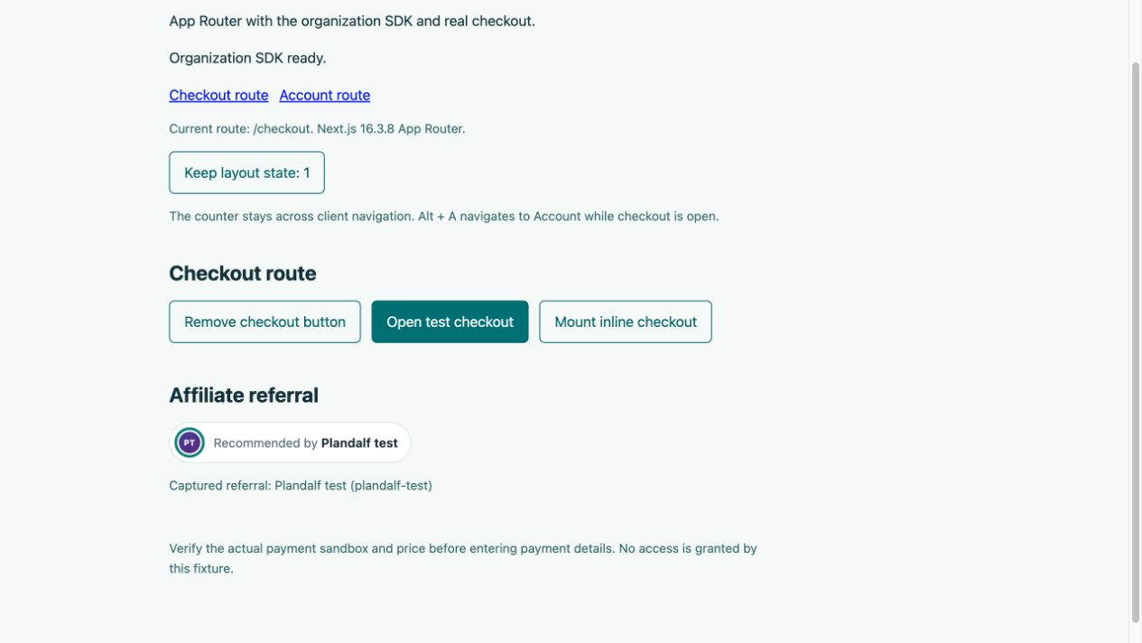 Next.js checkout button mounted on the checkout route