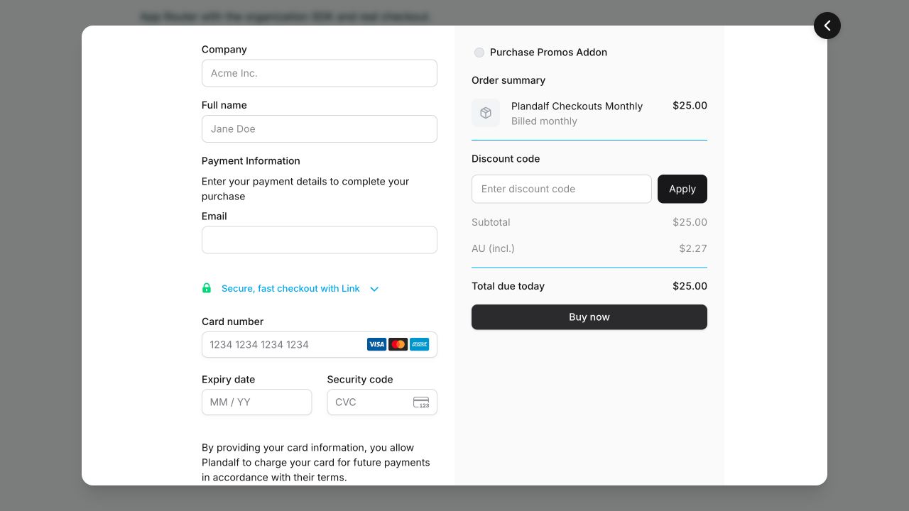 Plandalf checkout opened from the Next.js production fixture