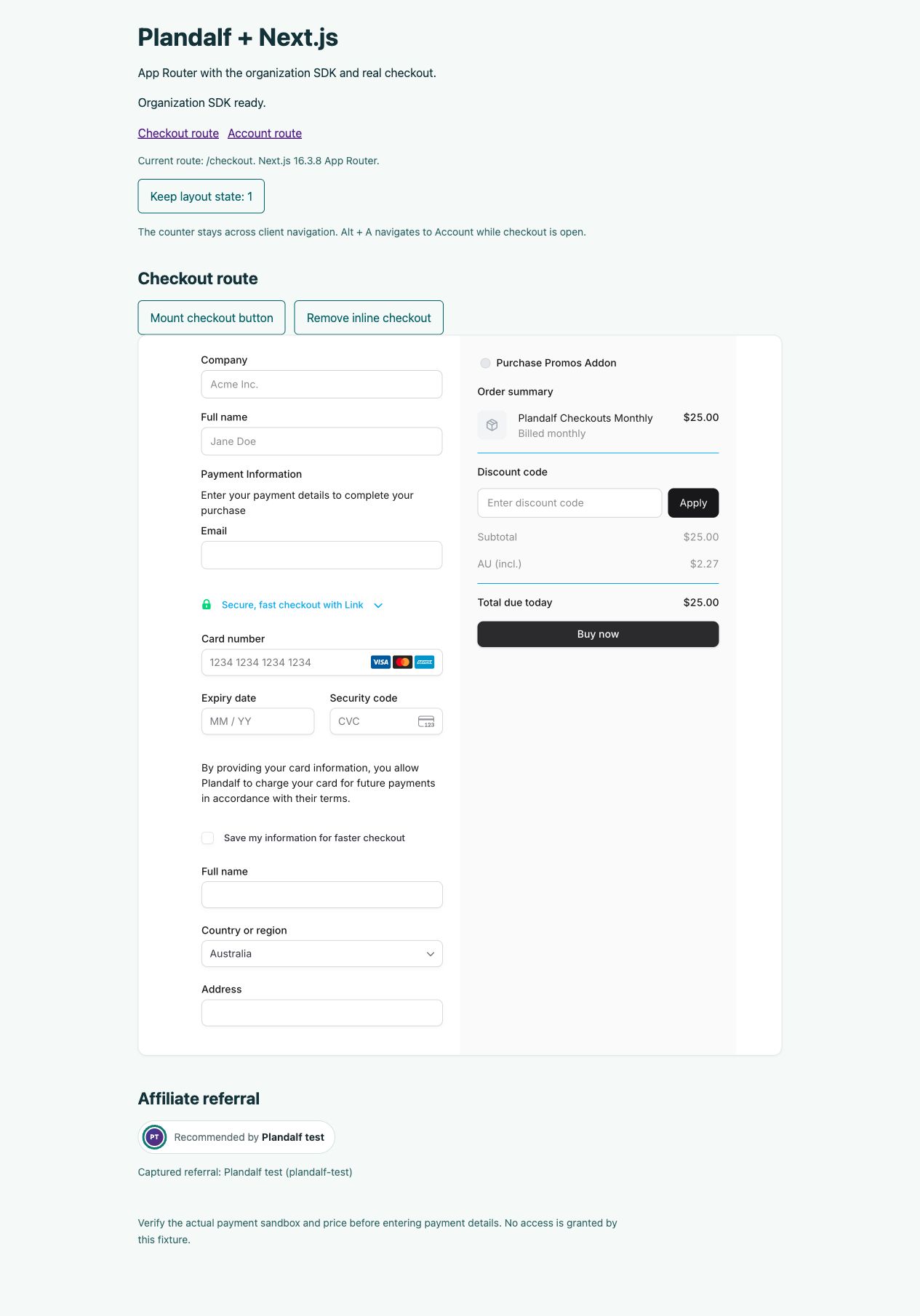 Real Plandalf checkout mounted inline in the Next.js page