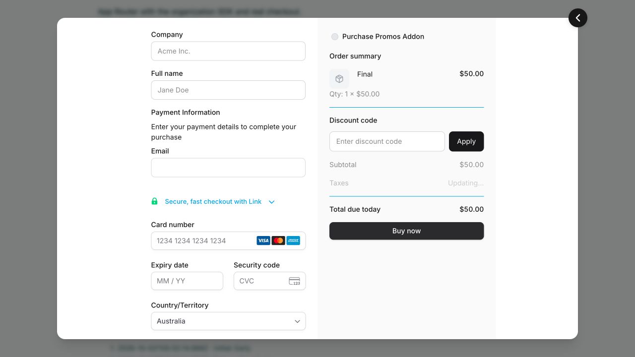 Actual Plandalf checkout opened from Next.js with empty buyer fields and a Final item and total of $50.