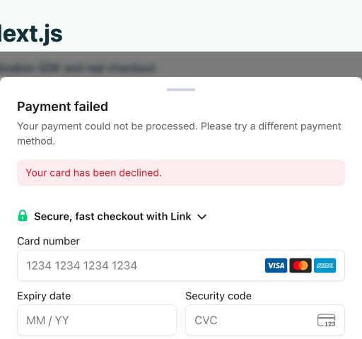 Actual failed sandbox payment showing Your card has been declined and empty replacement-card fields.