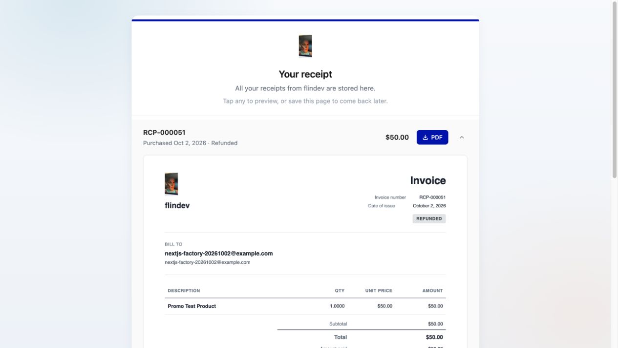 The same sandbox receipt RCP-000051 after full refund, with Refunded in the summary and invoice badge.