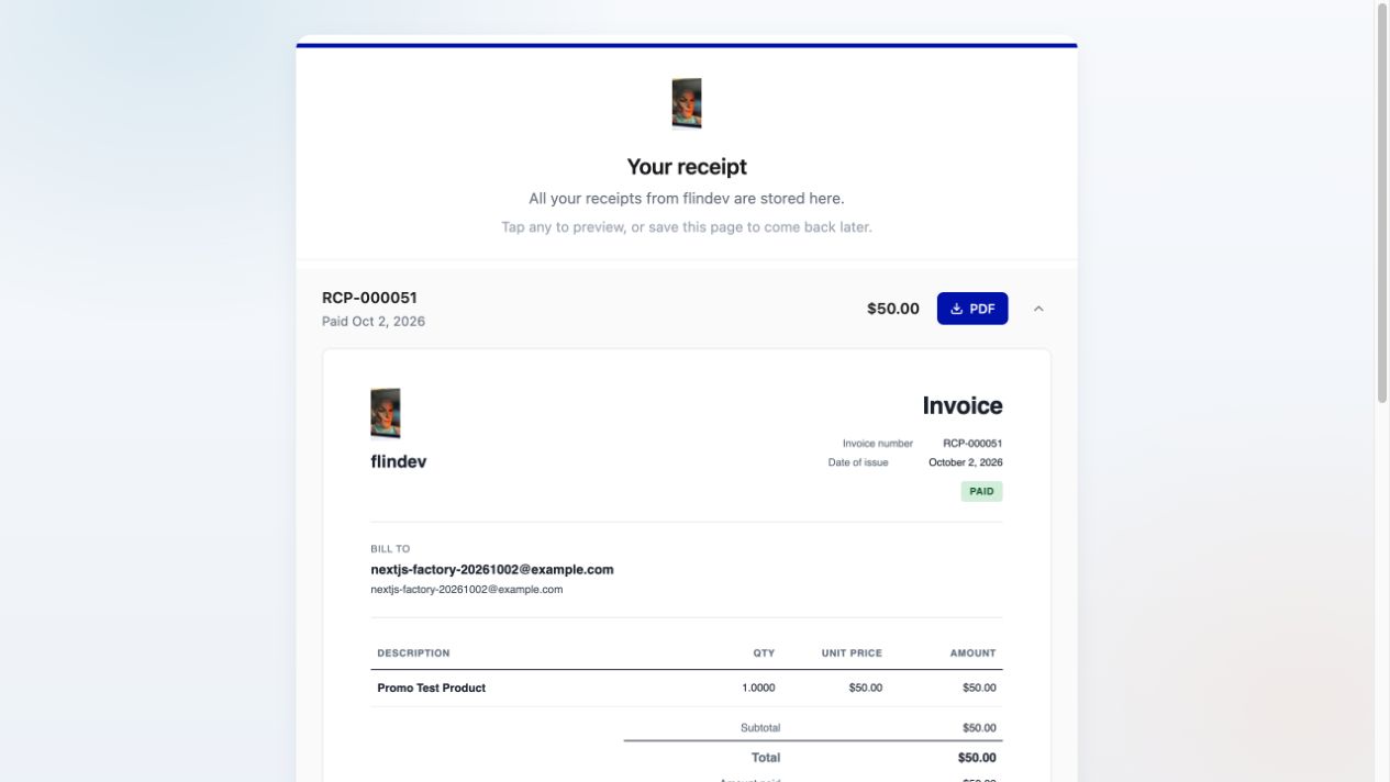 Actual receipt RCP-000051 showing a $50 paid sandbox purchase from the Next.js fixture, before its later refund.