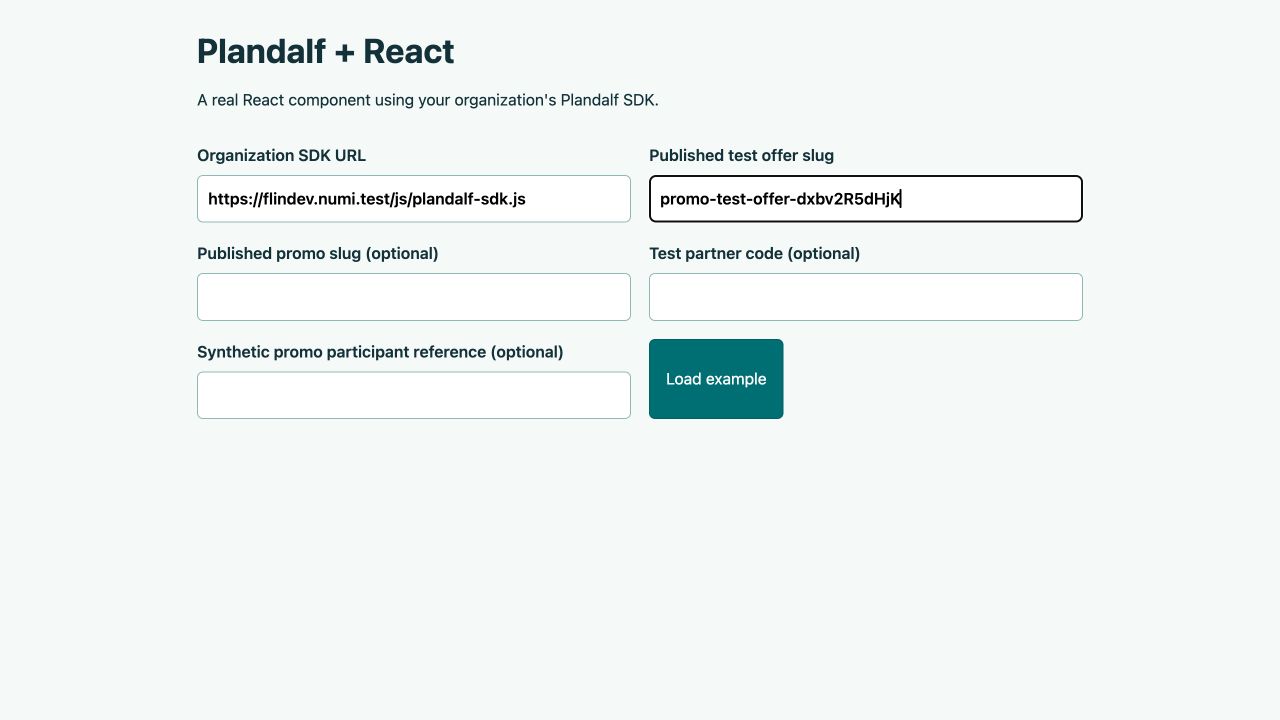 React form containing a local public SDK URL and test offer slug