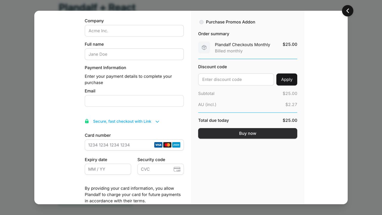 Plandalf checkout opened from the React fixture
