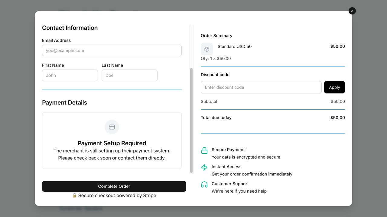 The actual Plandalf checkout opened from React with Standard USD 50, total due today of $50 and Payment Setup Required.