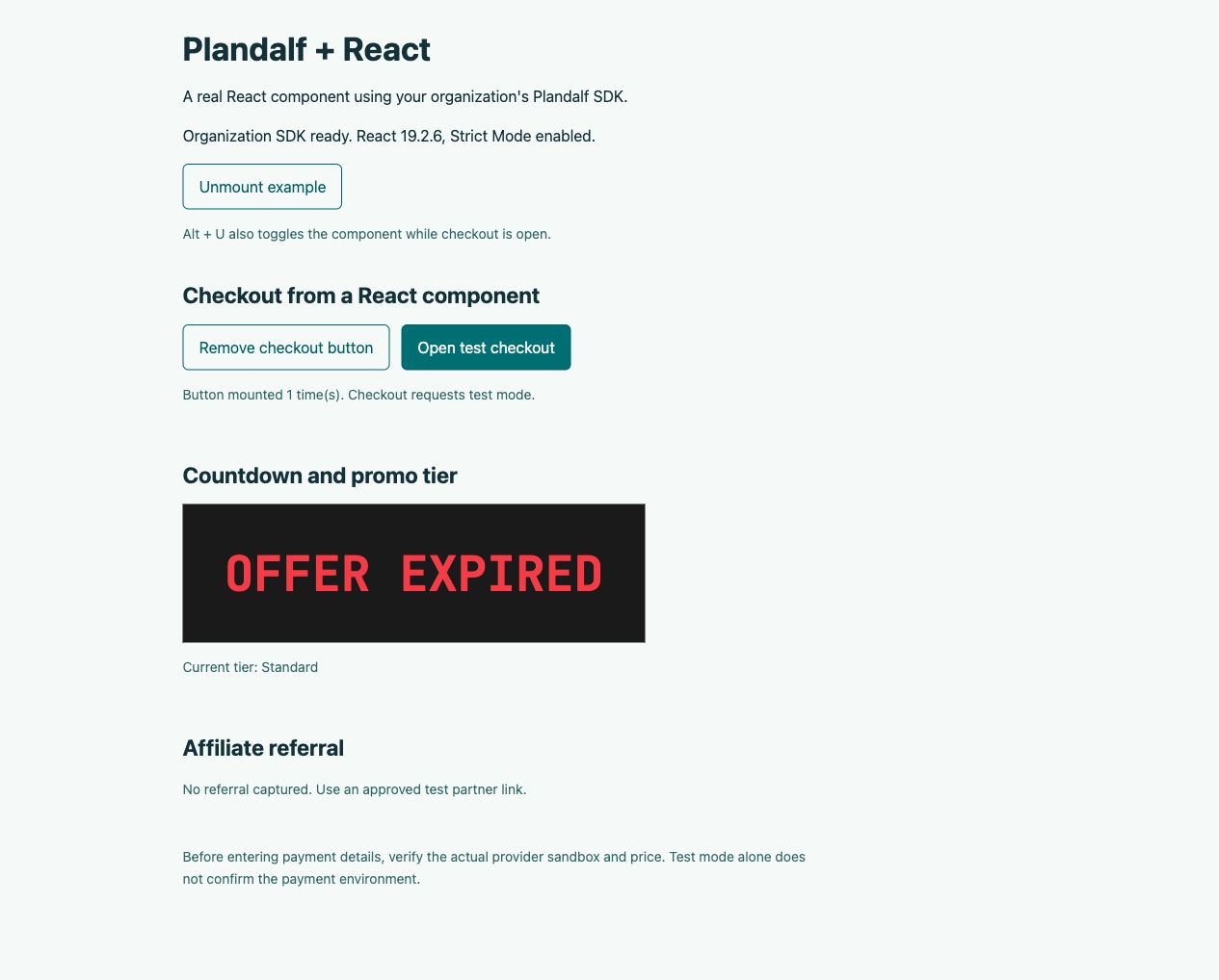 Real React example with a dynamically mounted checkout button and resolved Standard promo tier.