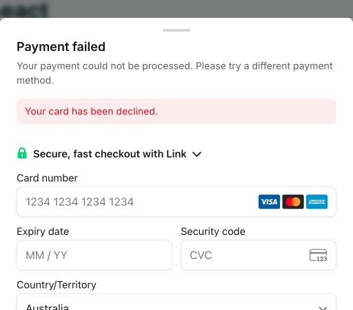 Actual Payment failed drawer from the React test, showing Your card has been declined and empty replacement-card fields.