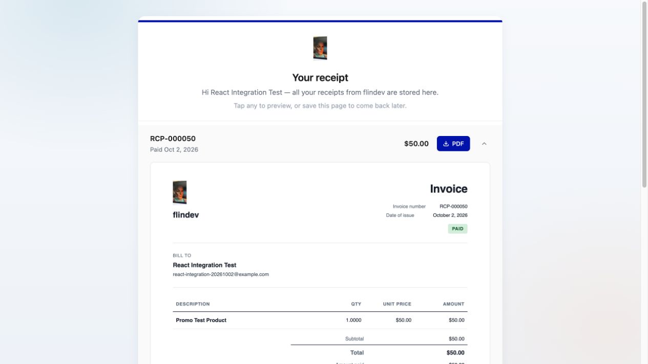 Actual sandbox receipt RCP-000050 for synthetic React Integration Test buyer, showing $50 and PAID.
