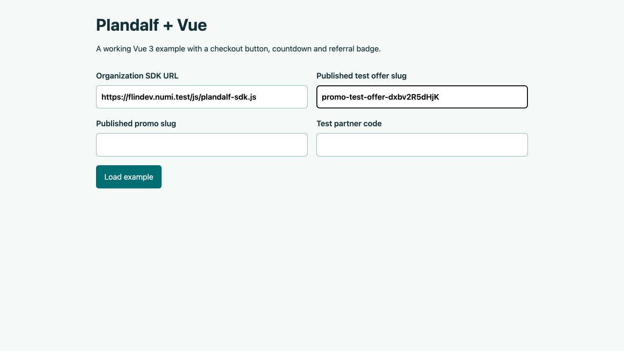 Vue form containing a local public SDK URL and test offer slug