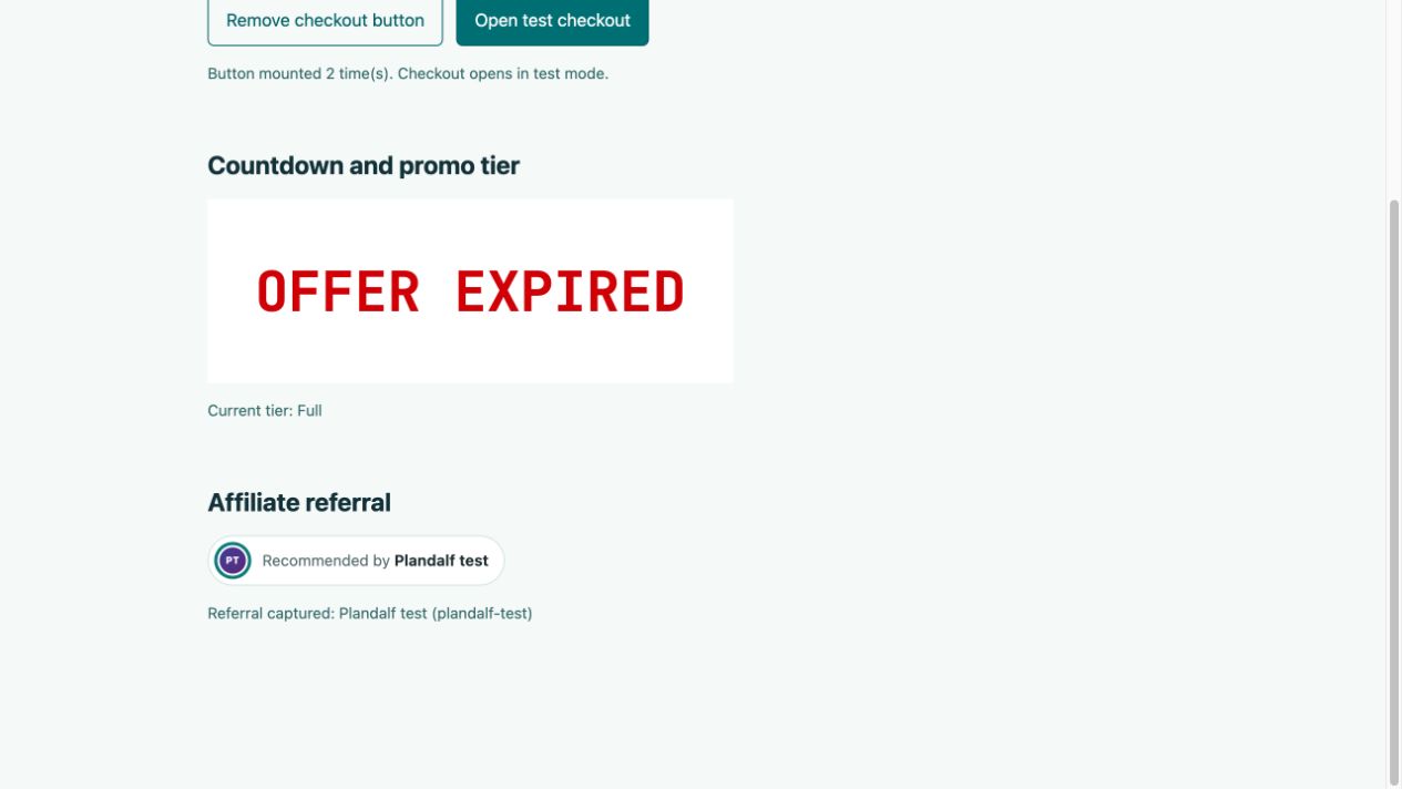 Vue example showing the expired countdown, final Full tier, and recommendation from the Plandalf test partner.