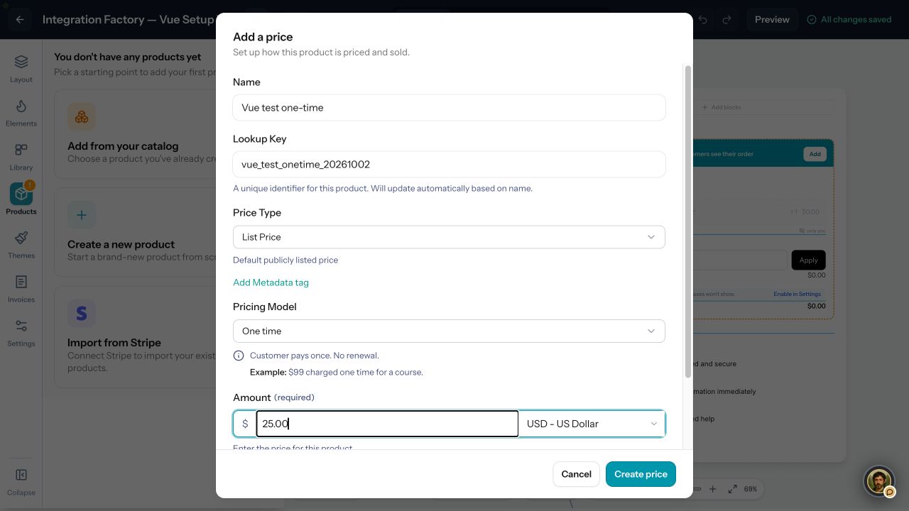 Add a price dialog showing List Price, One time, 25.00 USD and the Create price button.