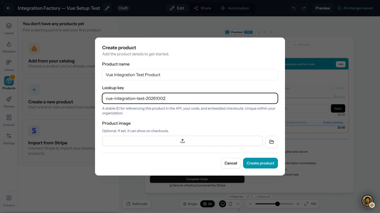 Create product dialog in the real checkout editor, with a dedicated Vue integration test product and lookup key.