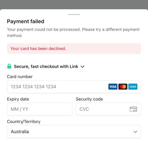 Real checkout payment-failure drawer saying Your card has been declined, with an empty replacement-card form.