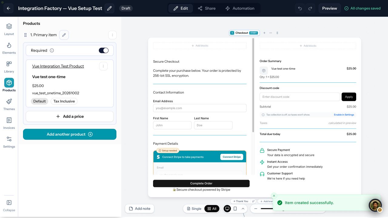 Saved draft checkout with a required USD 25 product, an order summary totalling USD 25 and a Connect Stripe prompt.