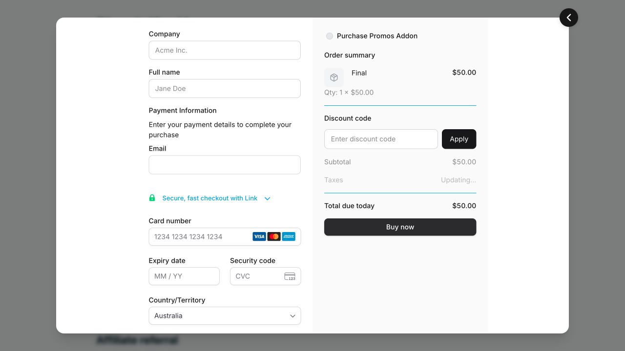 Plandalf checkout opened from the remounted Vue button with empty buyer fields and a Final item priced at $50.