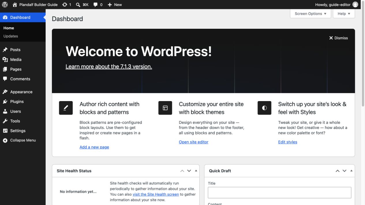 WordPress dashboard for the Plandalf Builder Guide site