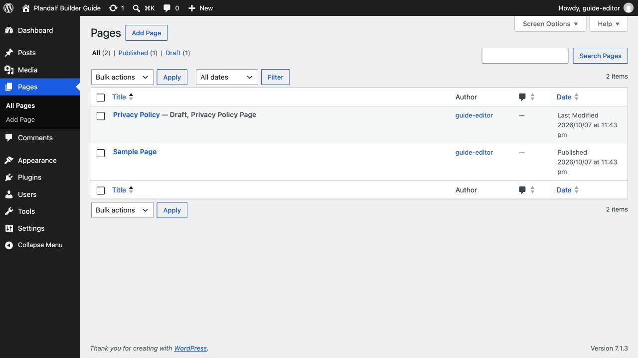 WordPress Pages list