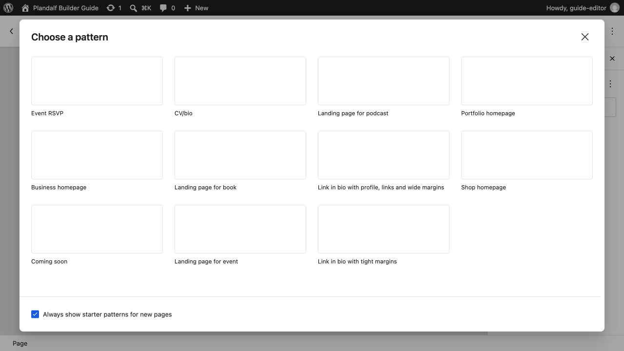WordPress starter pattern picker