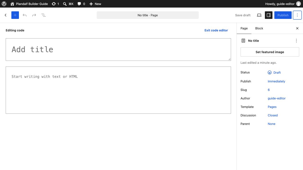 WordPress page Code editor with empty title and HTML fields