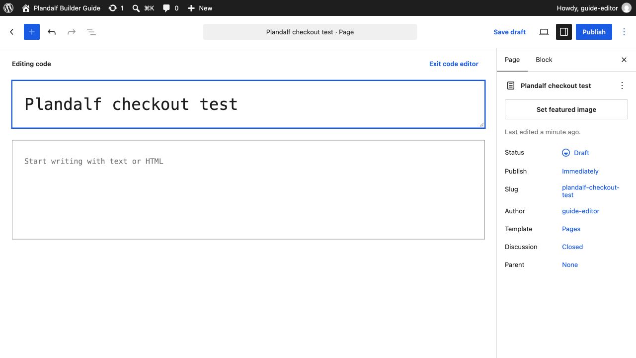 WordPress Code editor with Plandalf checkout test as the title