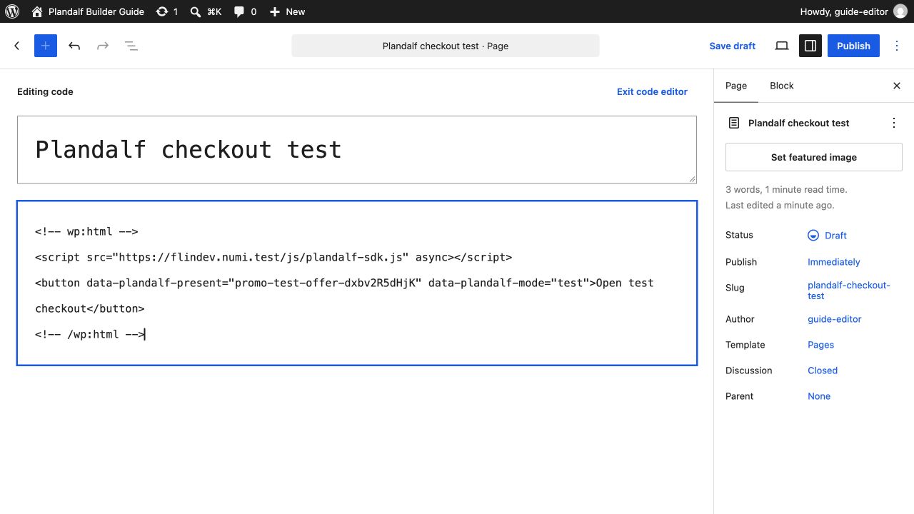 WordPress Code editor containing the Plandalf SDK and checkout button HTML