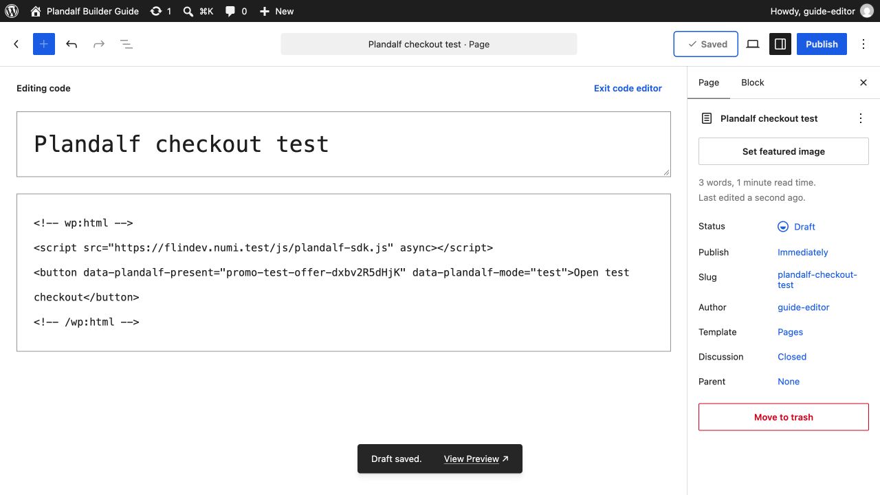 WordPress editor showing Saved and Draft saved confirmations