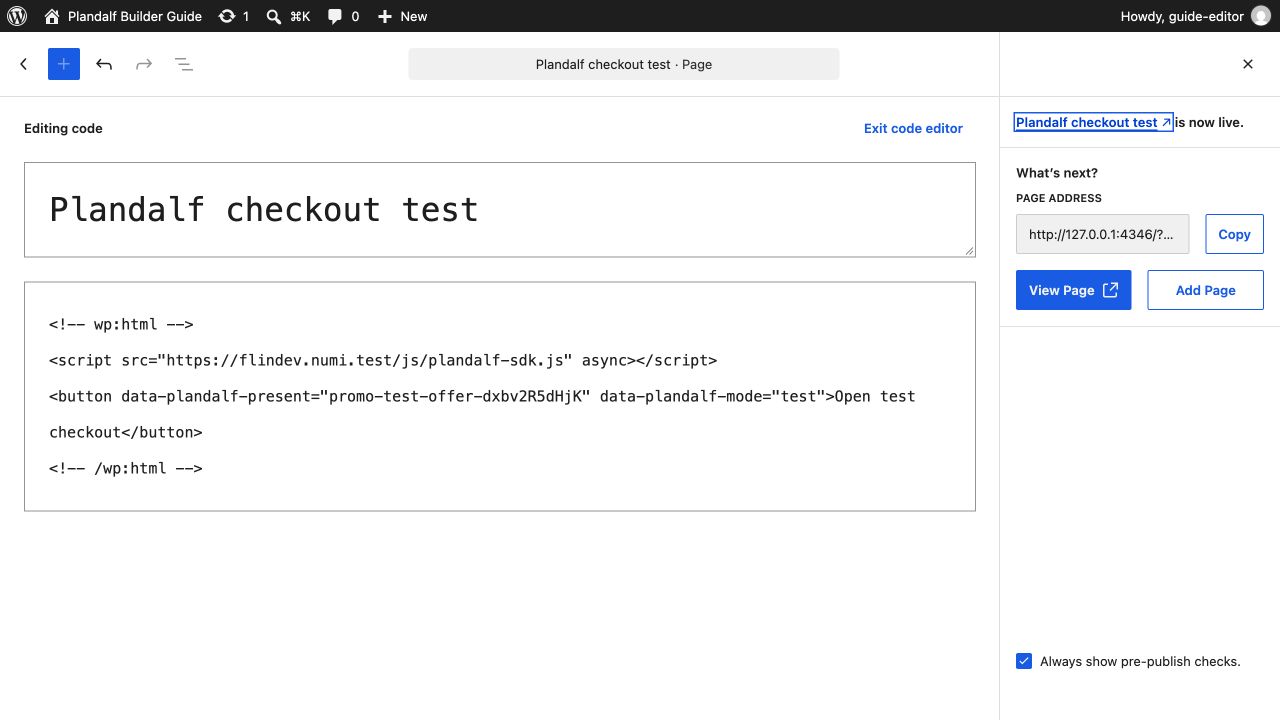 WordPress page published confirmation