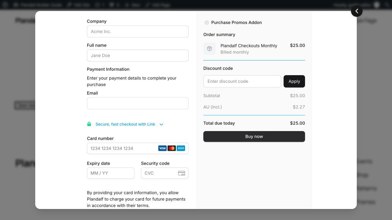 Plandalf checkout opened over the WordPress page