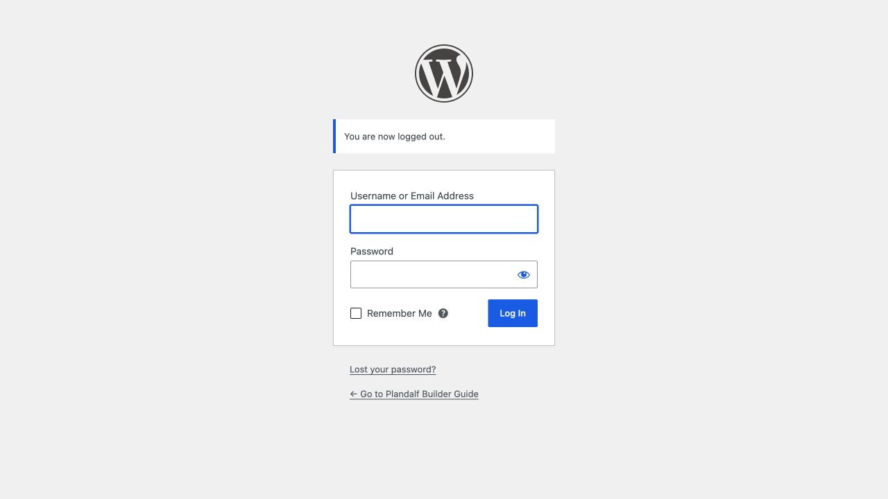 WordPress login screen confirming the administrator is logged out