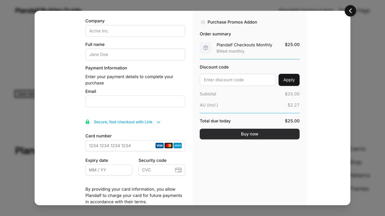 Plandalf checkout opened by a signed-out WordPress visitor