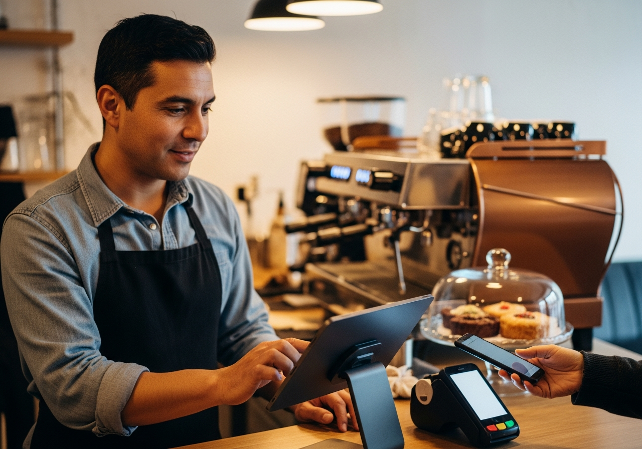Cafe owner tapping a tablet POS as a customer pays with a phone.