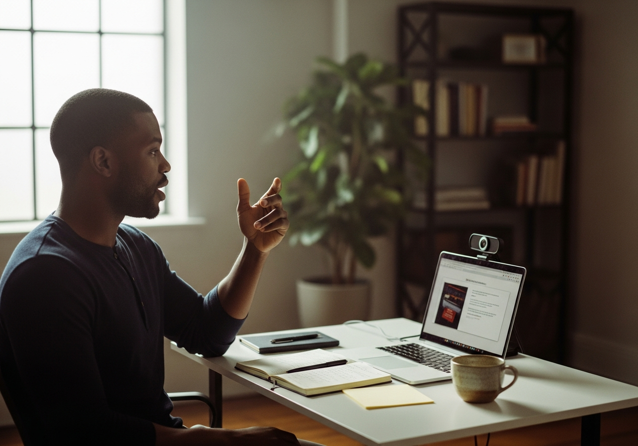 Founder at his desk recording a webcam pitch with a launch deck on screen.