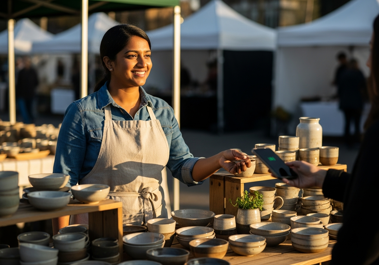 Maker at her outdoor market stall handing over a small package to a customer.