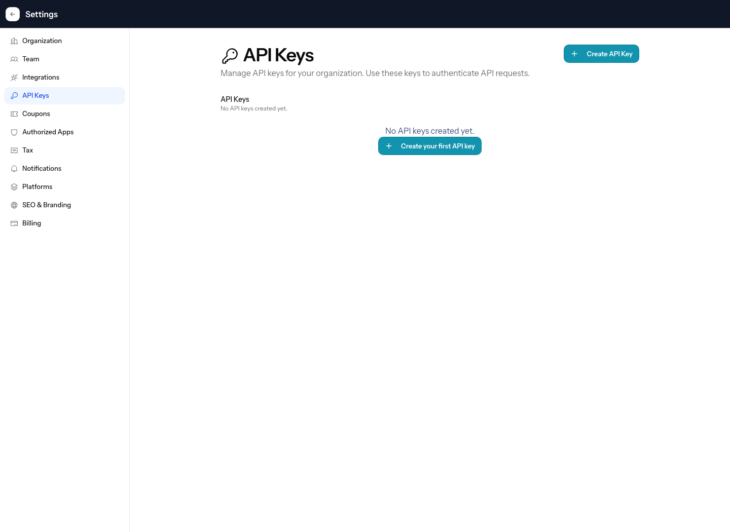 The Numi API keys page showing API key management controls.