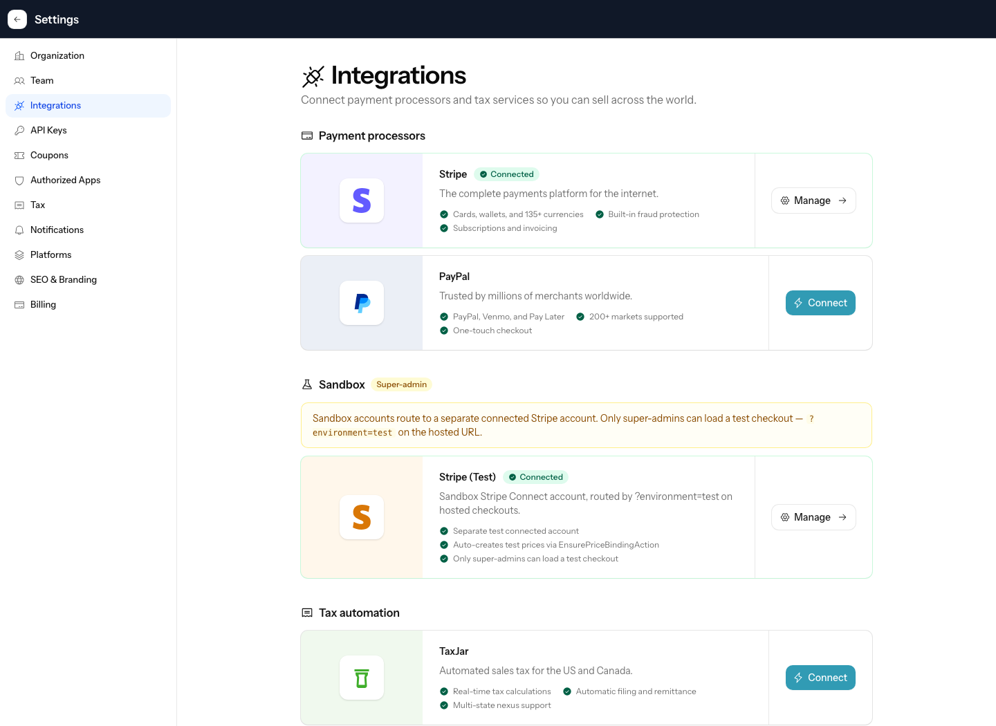 The Numi integrations page showing Stripe, PayPal, Stripe test mode, and TaxJar connection options.